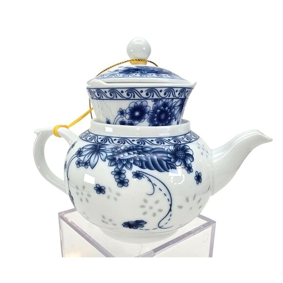 Vintage Blue & White Porcelain Teapot With Lid & Infuser Set Floral Motif JE318 - Picture 1 of 10